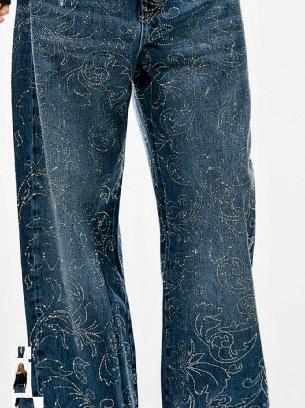 Zara TRF Mid Rise Rinestone Baggy Denim Jeans Wide Leg Blue